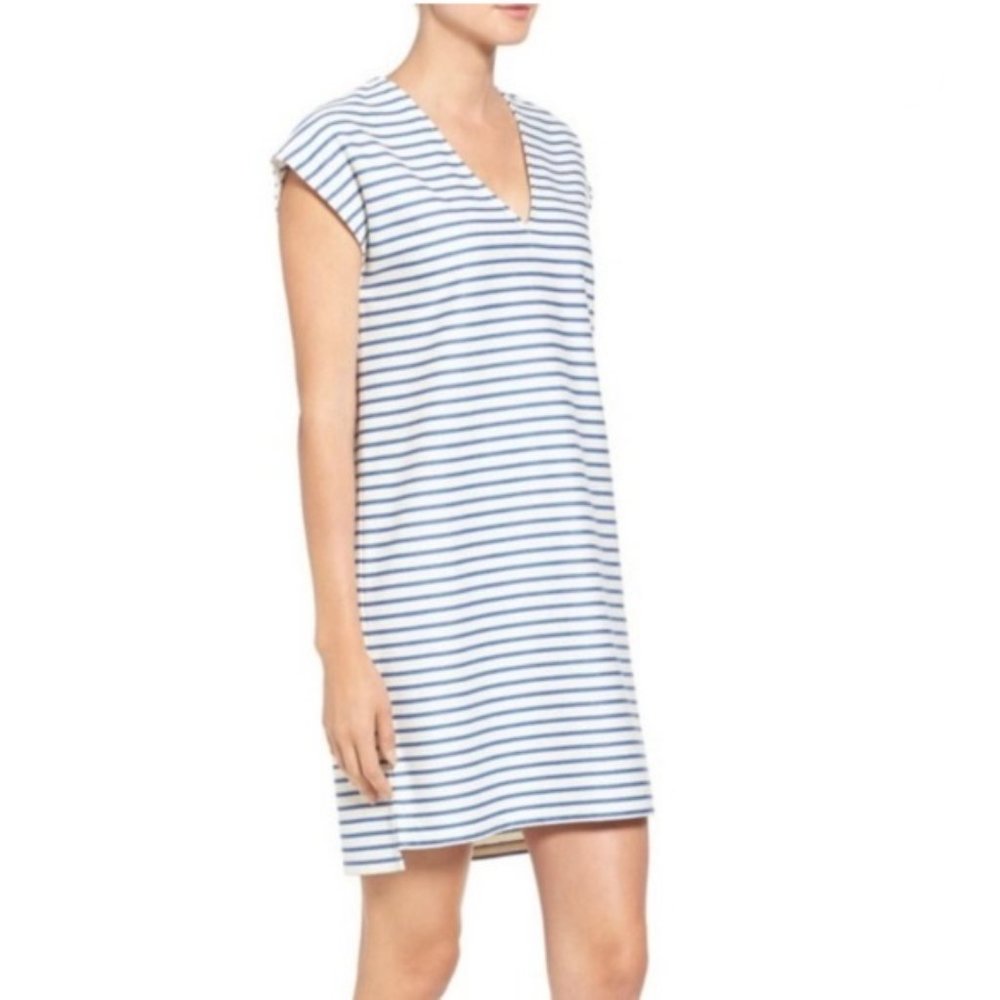 Madewell Vacances Blue & Cream Striped Shift Dress V Neck